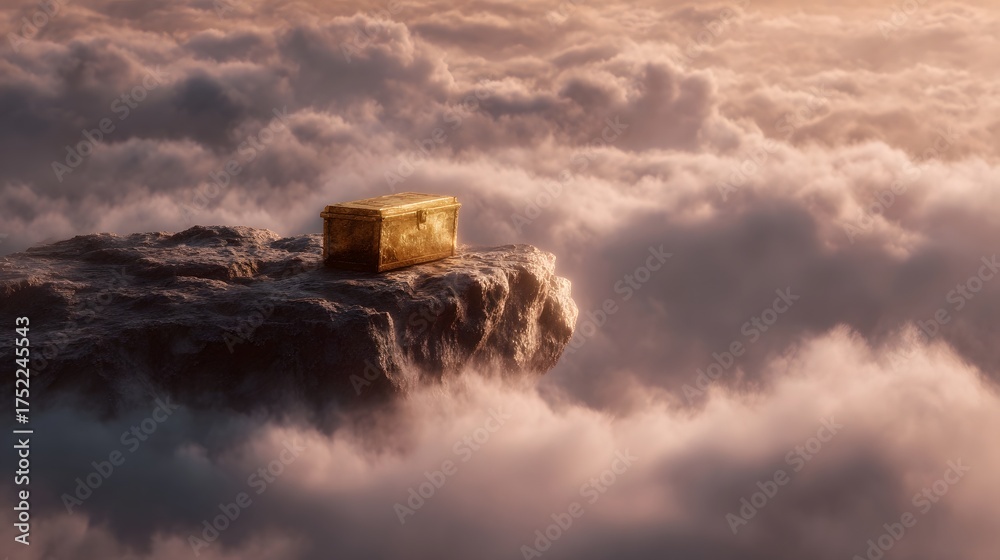 Fototapeta premium A golden chest rests on a rocky outcrop floating amidst ethereal clouds bathed in warm surreal light