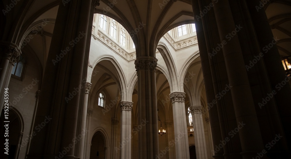 Fototapeta premium Sunlit Arches and Pillars Inside a Grand Cathedral.