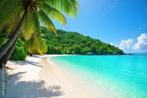 Fototapeta Naklejka Na Ścianę i Meble -  Tropical Island Paradise Turquoise Waters, White Sand Beach, Swaying Palm Trees under a Clear Blue Sky. Perfect for Vacation and Travel Themes.