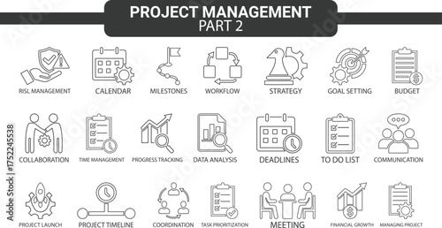 Project management: Line art icons, such as collaboration, workflow, and milestones. Vector illustration. Easily changes to any color.