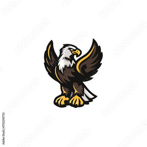 Mighty bald eagle mascot illustration with spread wings, powerful and majestic bird of prey vector graphic on white background