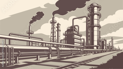 Industrial oil refinery plant with smoke stacks and pipelines vector illustration design concept