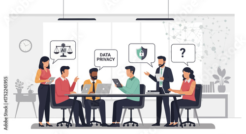 Business Team Discussing Data Privacy and Cybersecurity — Corporate Meeting on Digital Protection, Legal Compliance, and Information Security