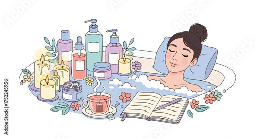 Relaxing Bath Time at Home — Woman Enjoying Aromatherapy, Spa, and Self-Care with Candles, Tea, and Books for Mental Wellness and Relaxation