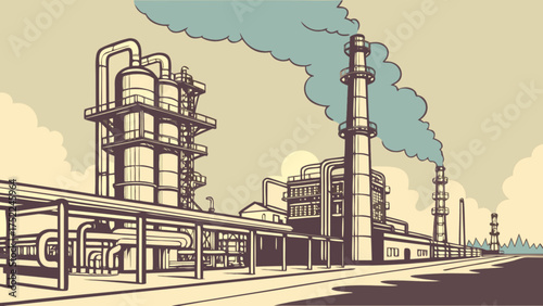 Illustration of industrial factory plant with smoke stacks and pipelines for manufacturing business