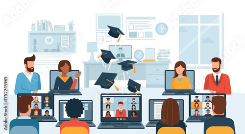 Online Graduation Ceremony — Students Celebrating Virtual Academic Achievement and Remote Education Success via Video Conference