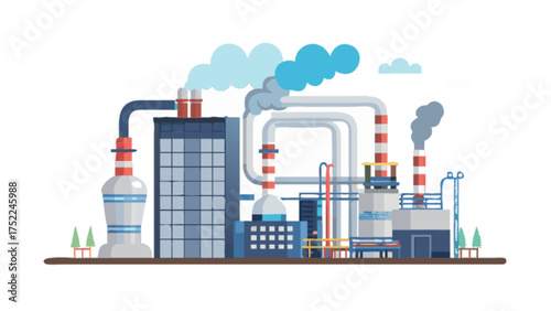 Industrial factory plant illustration with smoke stacks and pipes pollution environment concept