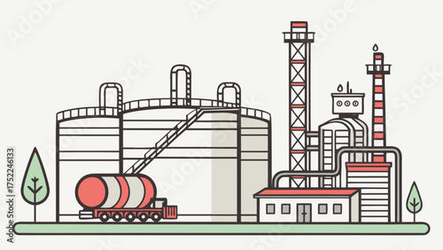 Illustration of oil refinery industrial plant with storage tanks and processing towers vector design