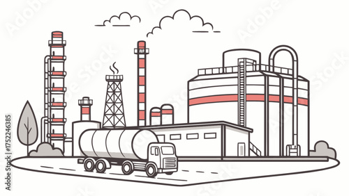 Oil refinery plant illustration with tanker truck for fuel transport and industrial infrastructure design