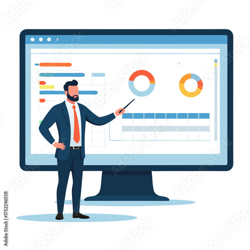 Businessman Presenting Data on a Large Computer Screen with Charts.