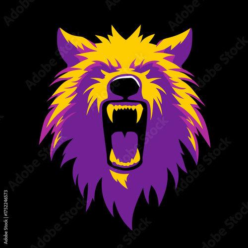 Aggressive purple and yellow roaring wolf head illustration on black background. Powerful stylized animal mascot design.