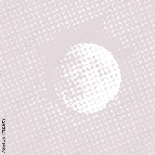 Surreal moon breaking through a cracked wall halftone dot art. Abstract celestial planet graphic illustration for print, t-shirt, and poster design.