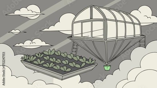 Floating greenhouse and garden in the sky a whimsical illustration of sustainable agriculture concept