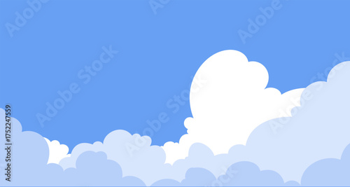 Blue sky background with a fluffy cloudscape border at the bottom. A simple cartoon template with a clear sky, providing copy space for presentations or web banners.