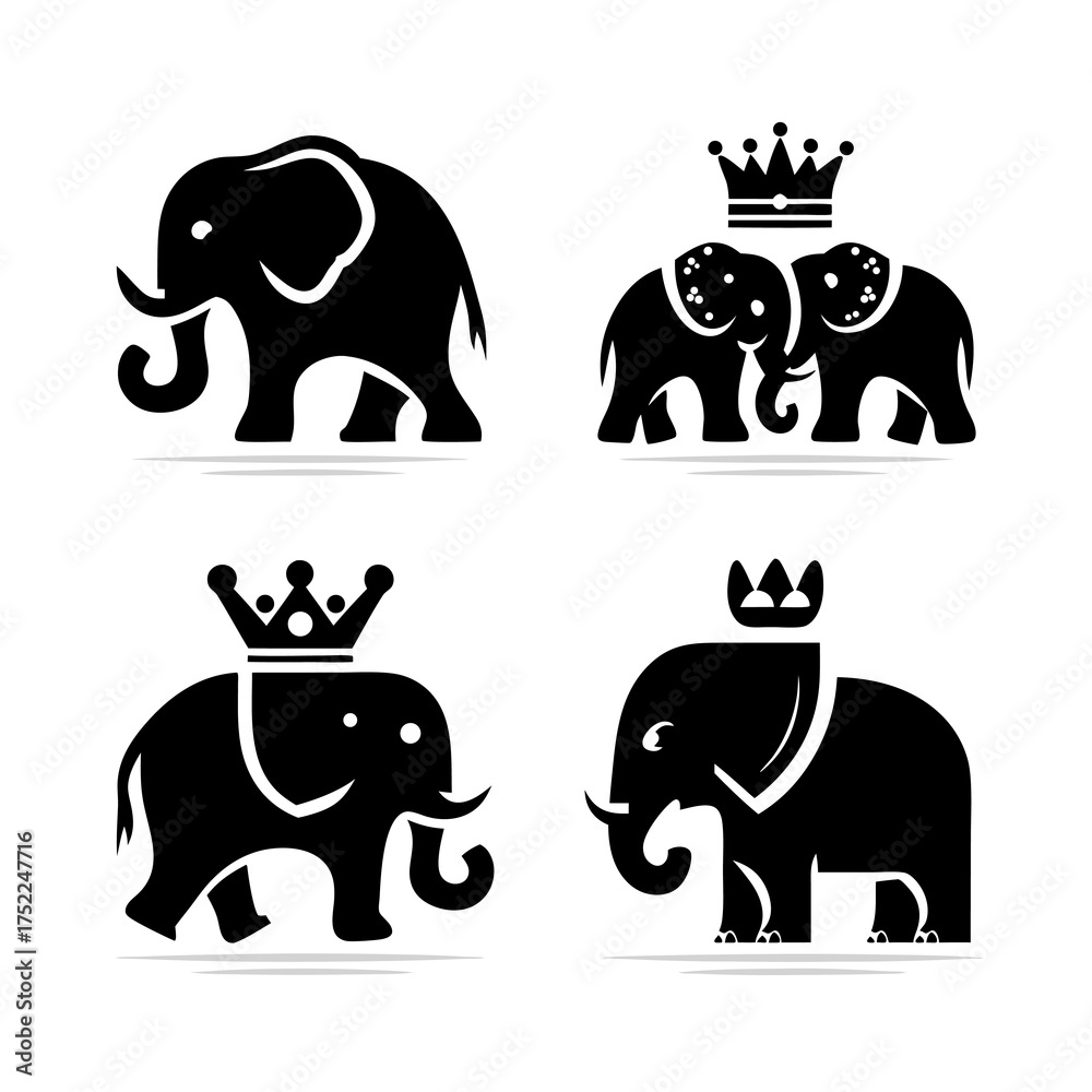 Fototapeta premium Collection of black elephant icons with crowns