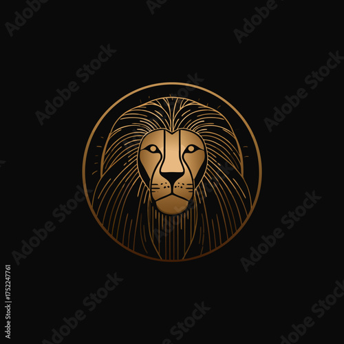 Elegant golden lion head in circular frame, majestic king of the jungle, luxury abstract animal vector illustration on black background.