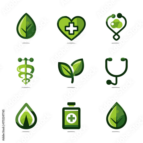 Set of medical and nature icons with a green color scheme