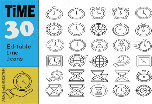 Time Management Line Editable Icons set, Vector illustration in modern thin line style of time management related icons: timer, stopwatch, alarm.