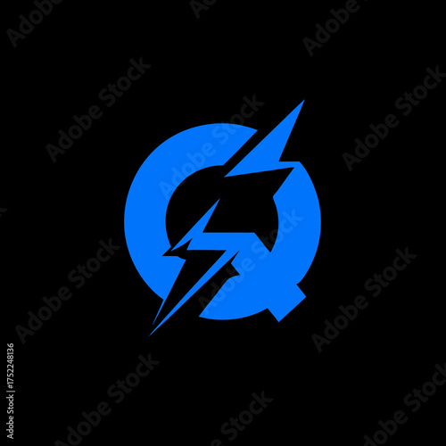 Sleek blue letter Q with lightning bolt symbol, modern electric energy icon graphic on a black background, powerful digital design element.