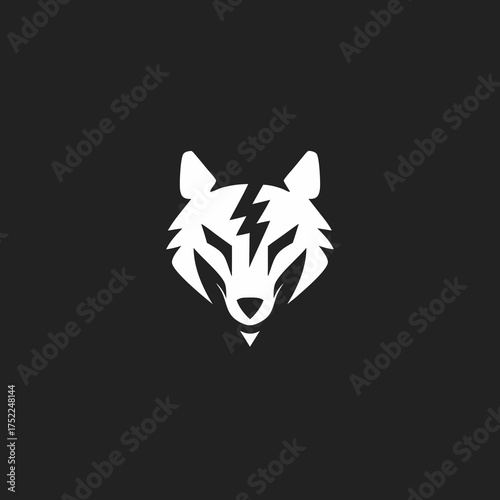 Powerful White Wolf Head Silhouette with Lightning Bolt Symbol on Dark Background. Energetic Animal Design, Speed, and Strength Concept.