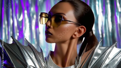 Futuristic chrome aesthetic with bold lighting, ideal for high-concept fashion and galactic mood boards.