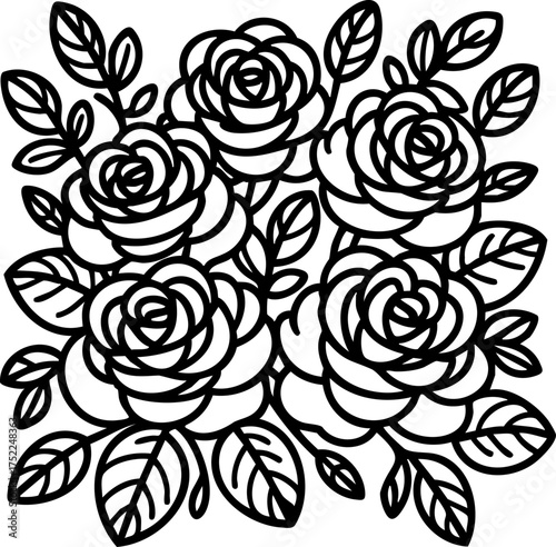 Black and white botanical vector illustration with five blooming roses, elegant floral line art composition, minimal decorative plant drawing