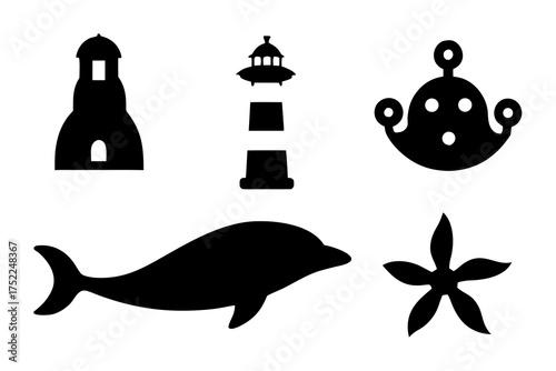 Nautical themed silhouettes featuring lighthouse dolphin starfish and submarine