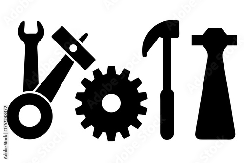 Black and white illustration of various tools and a gear on a white background