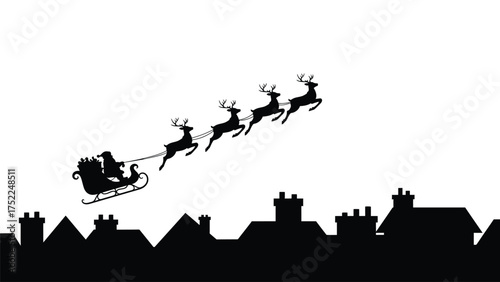Santa sleigh flying over rooftops night silhouette