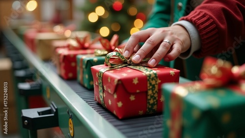 With precise movements, fingers delicately arrange Christmas parcels on a bustling conveyor belt in a festive warehouse
