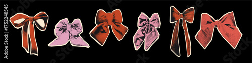 Bows and decorative ribbons halftone art collage cut outs set Red and pink paper clippings Vintage dotted stickers for Christmas and Valentine's day mixed media design Modern retro vector illustration