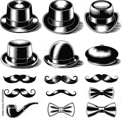 Set of vintage gentleman accessories in black and white vector illustration