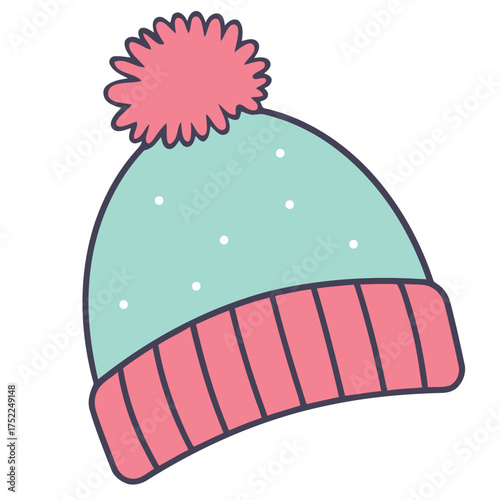 Illustration of a teal winter hat with a pink pompom and pink brim with white dots scattered about