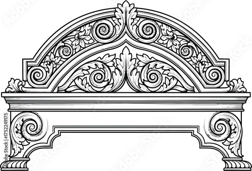 Ornate Archway Design with Floral Scrolls, Swirls, and Leaves in Black and White Line Art