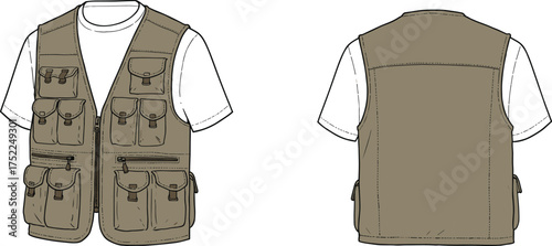 vest utility multi pocket zipper closure flap button strap outdoor rugged durable apparel garment clothing fashion textile template vector sketch illustration design pattern functional wardrobe protot
