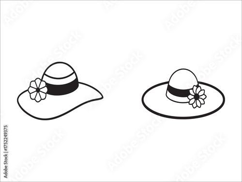 Elegant Sun Hats with Flowers Black and White Line Art Set