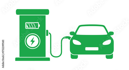 green pump , Green electric car charging at a charging station icon view