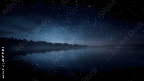 Wallpaper Mural Starry night sky reflects on a calm lake with a dark forest silhouette on the horizon under the vast cosmic expanse Torontodigital.ca