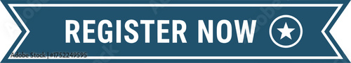 Register Now ribbon banner button in dark blue and white