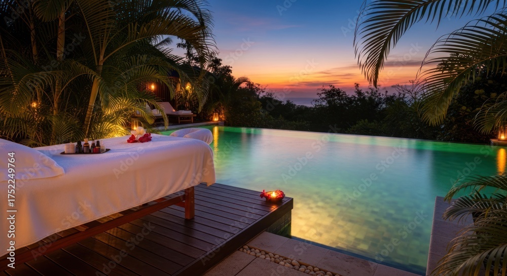 Fototapeta premium Tropical spa with massage table, pool, palm trees at dusk, serene