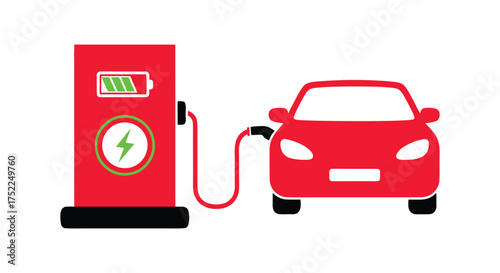 red car with gas pump , red electric car charging at a station 