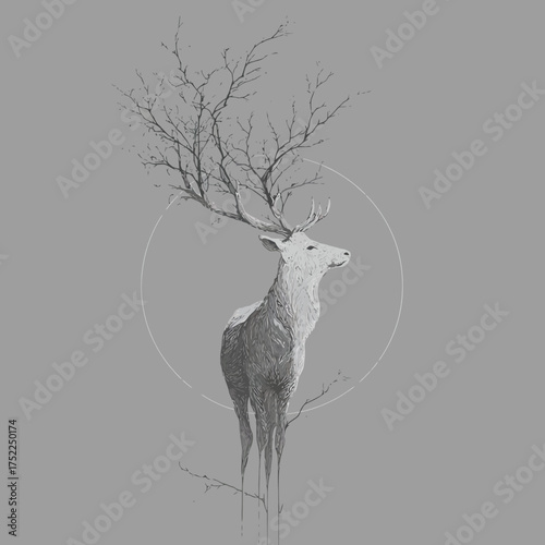 Elegant deer with tree-like antlers standing within a circle