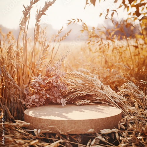 Vintage Inspired Podium Nestled Amidst Sun Kissed Wheat and Dried Flora in Picturesque Rural Landscape