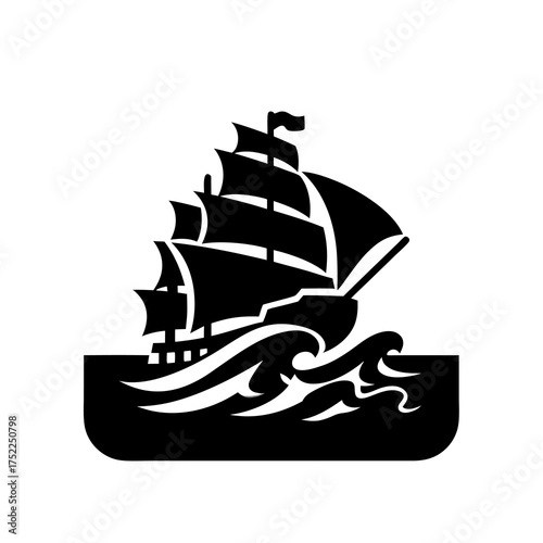 Silhouette of a sailing ship on waves