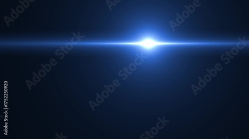 Glowing blue optical lens flare animation with horizontal light ray isolated on a dark background, abstract background, futuristic overlay, technological concept, or visual effect element