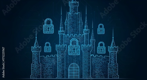Abstract flat vector art of a castle constructed from lines of digital code and glowing padlocks, symbolizing cybersecurity and data protection. A minimal color scheme with tech-blue tones emphasizes 