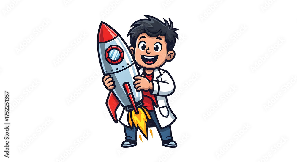 Fototapeta premium Excited young scientist in lab coat enthusiastically holding a cartoon rocket ready for launch, inspiring innovation and discovery