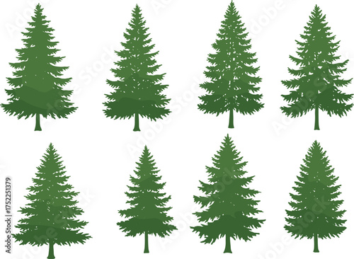 Cartoon evergreen tree illustration set, conical foliage, forest elements, green trees, nature design, seasonal vegetation, botanical shapes, outdoor theme, plant variety