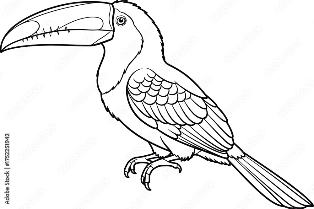 Fototapeta premium Toucan Illustration, Black Outline of Tropical Bird on White