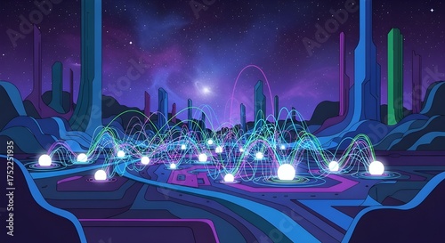 Quantum Computing Landscape.Neon colors and abstract shapes symbolize advanced quantum computing technology in a visionary style
